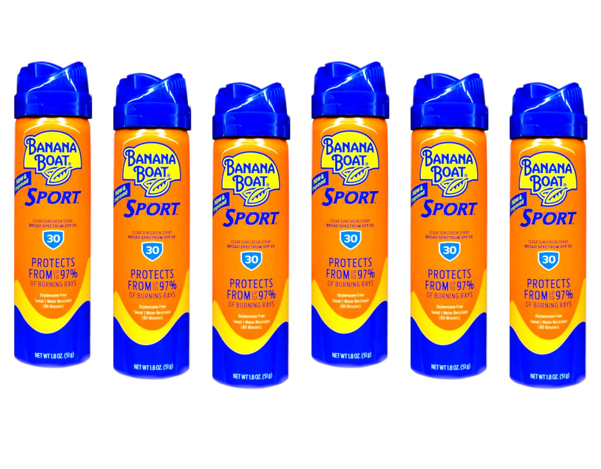 Banana Boat front packaging showing six compact sport spray cans and product branding benefit