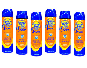 Banana Boat front packaging showing six compact sport spray cans and product branding benefit