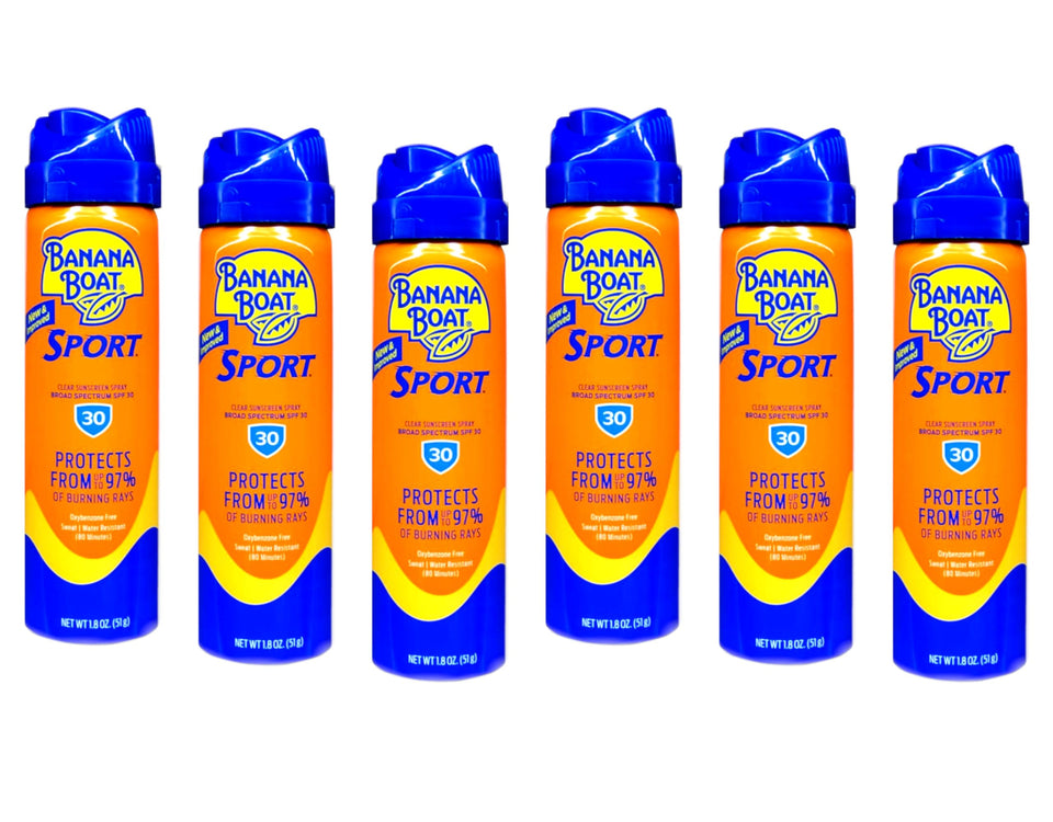Banana Boat front packaging showing six compact sport spray cans and product branding benefit