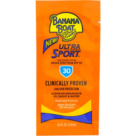 Banana Boat travel packet front view showing SPF 30 and compact design benefit