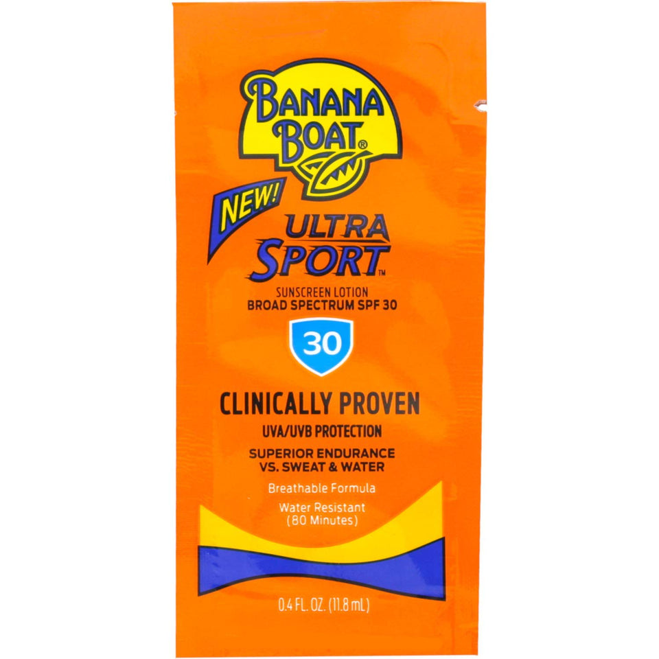 Banana Boat travel packet front view showing SPF 30 and compact design benefit