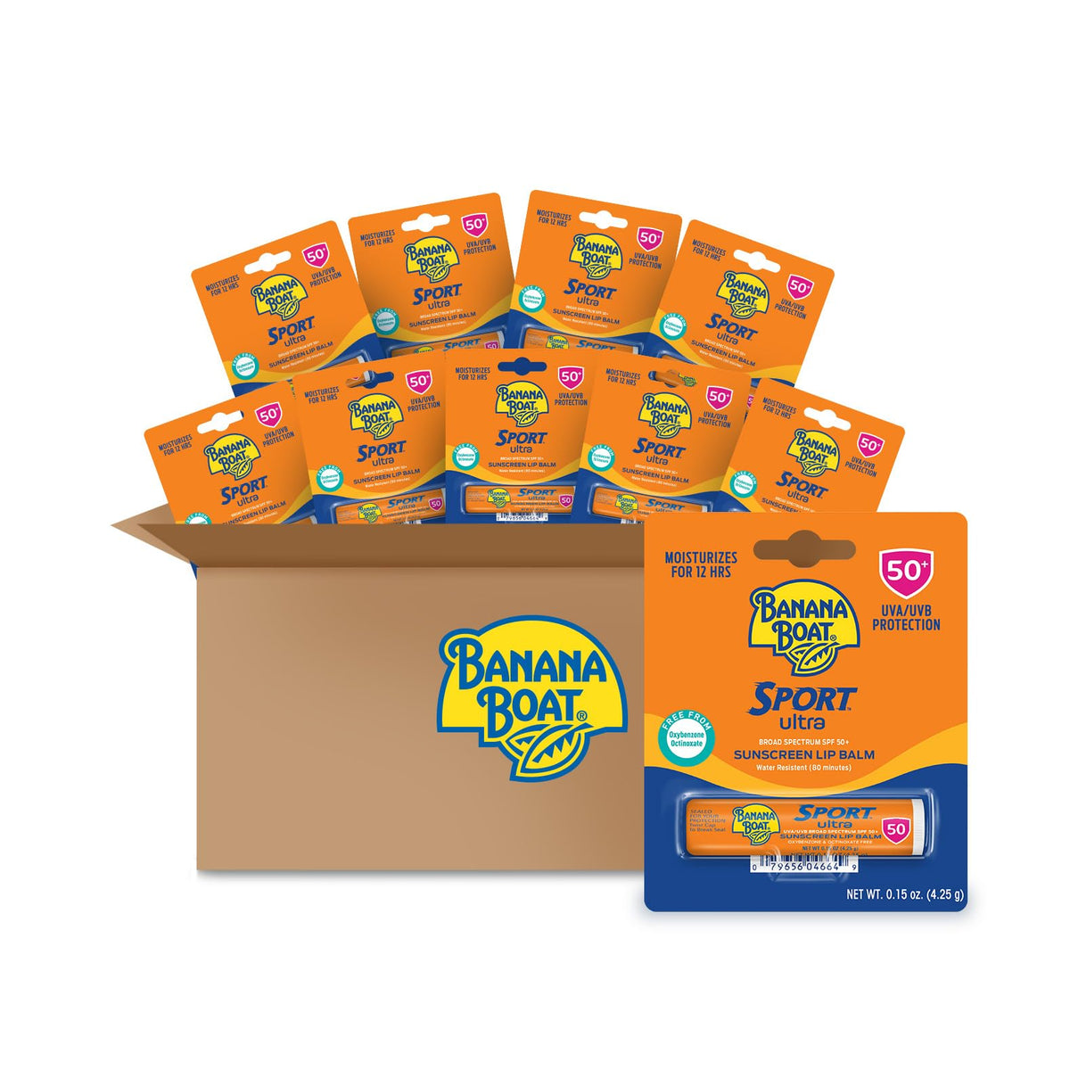 Banana Boat lip balm front packaging showing SPF 50+ protection and pack size