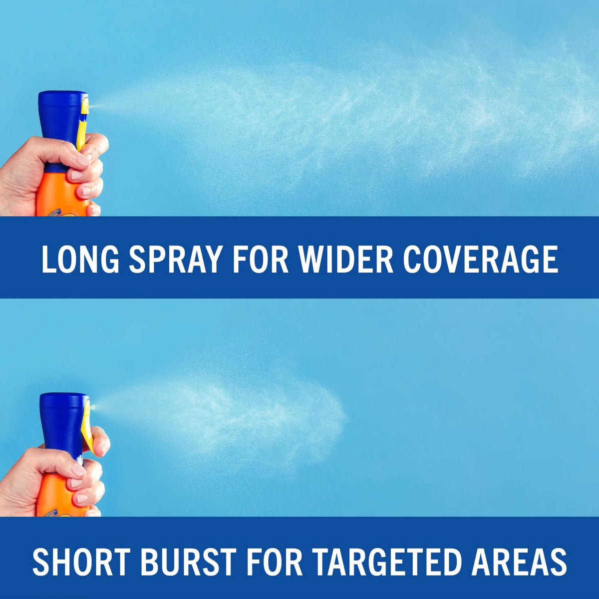 Banana Boat mist spraying onto arm showing controlled application advantage
