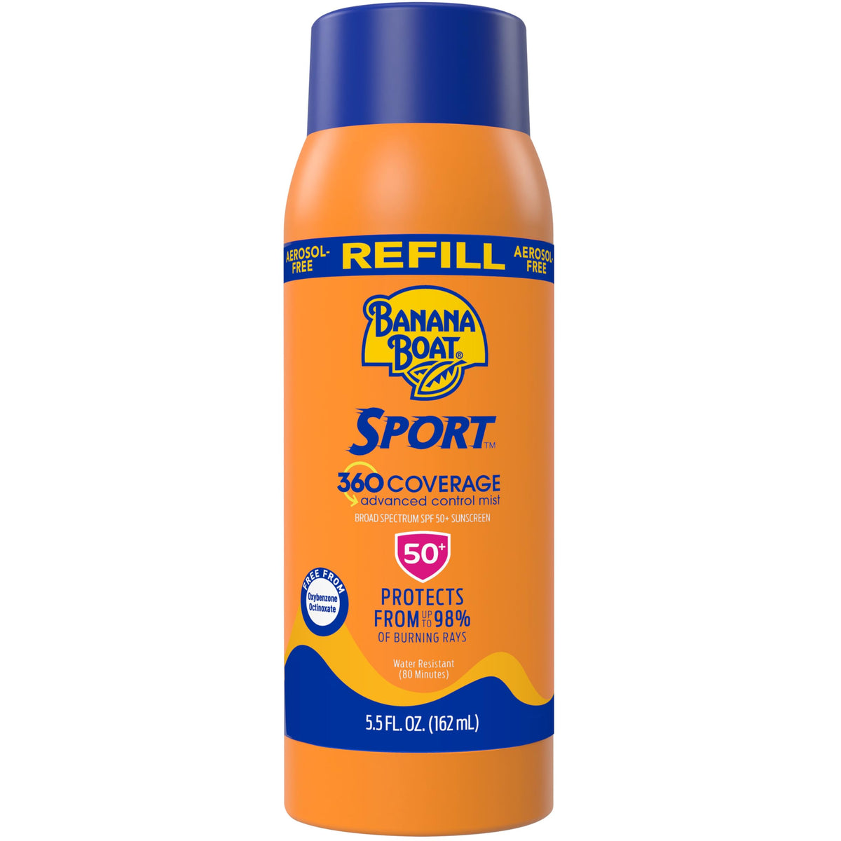 Banana Boat front label showing SPF 50 and refill benefits for clear protection