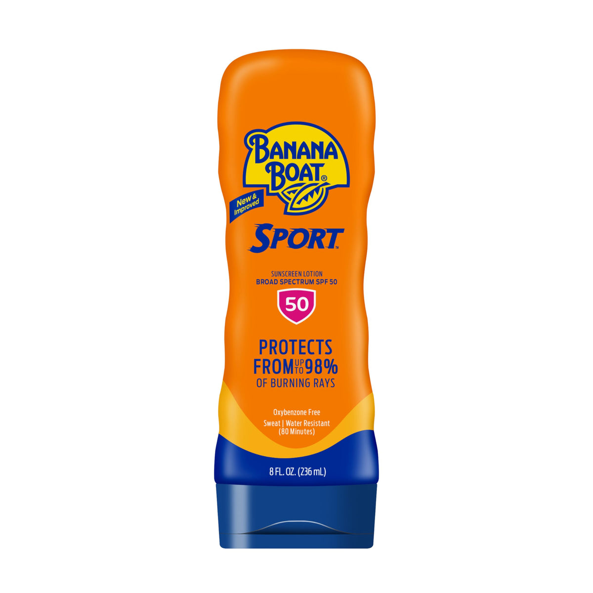 Banana Boat front bottle view shows SPF 50 protection and water resistance