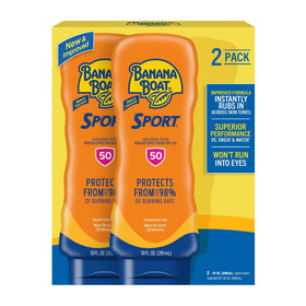 Banana Boat front packaging showing twin 10 oz bottles and SPF 50 protection