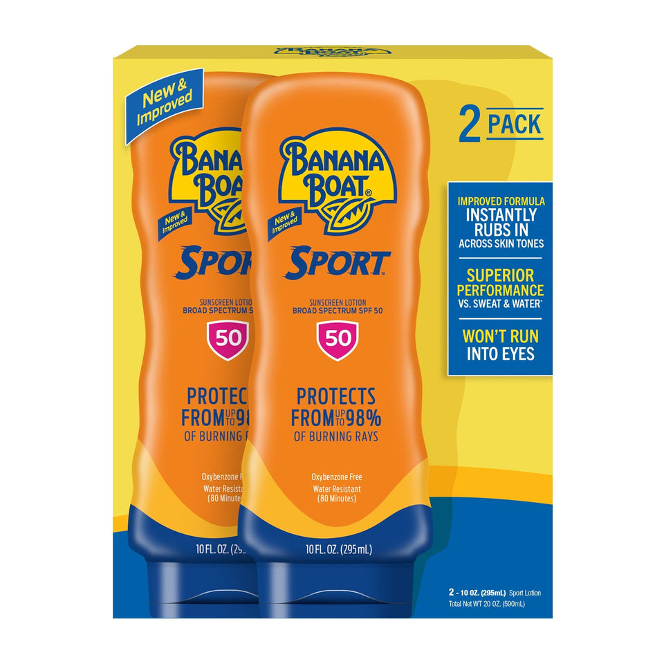 Banana Boat front packaging showing twin 10 oz bottles and SPF 50 protection