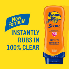 Banana Boat lotion texture on hand showing lightweight, non-greasy finish
