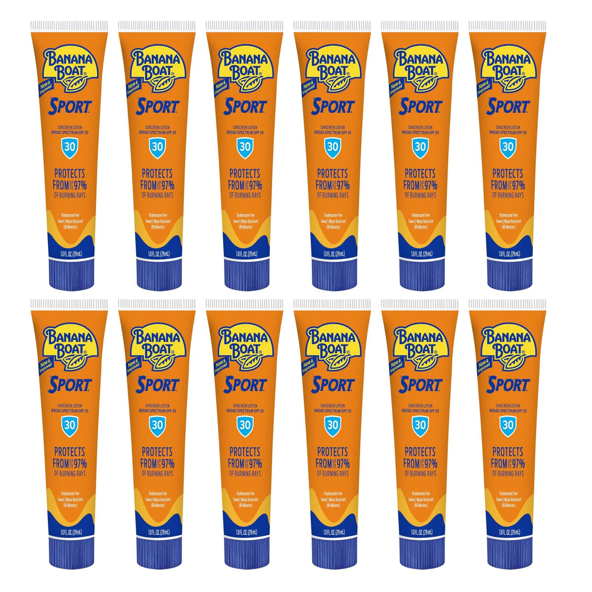 Banana Boat front view of SPF 30 tubes showing compact sport packaging for convenience