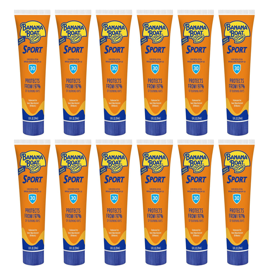 Banana Boat front view of SPF 30 tubes showing compact sport packaging for convenience