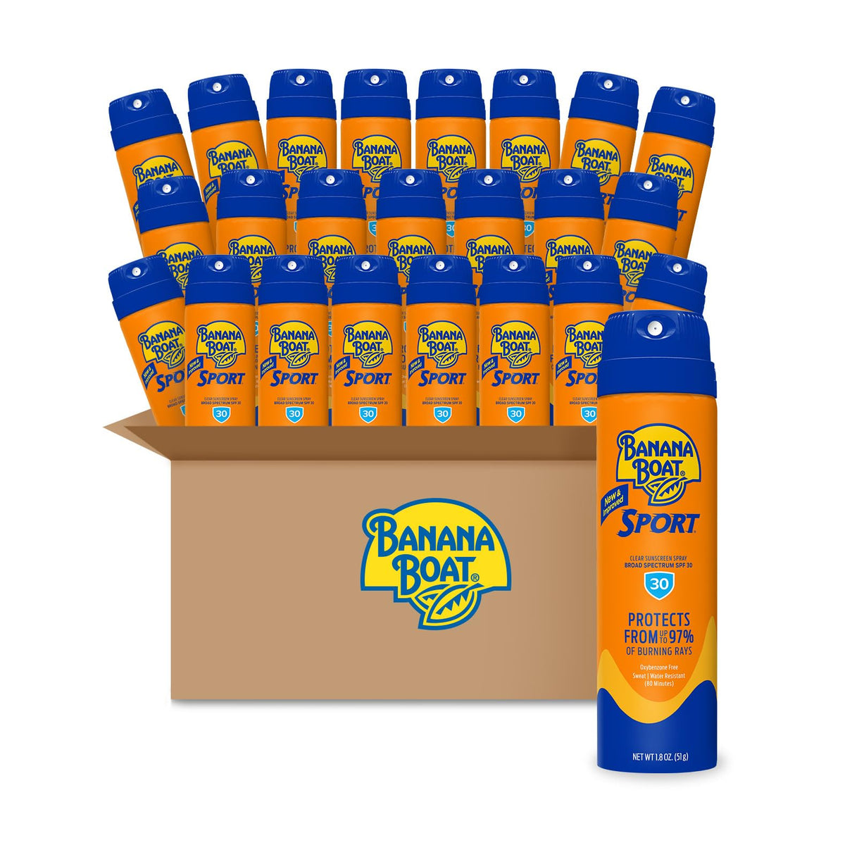 Banana Boat front packaging showing SPF 30 travel spray and benefits
