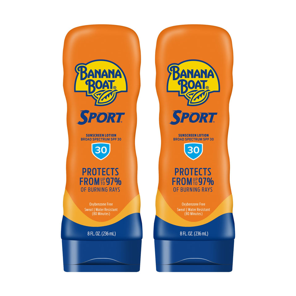 Banana Boat front packaging showing twin 8oz tubes and SPF 30 protection