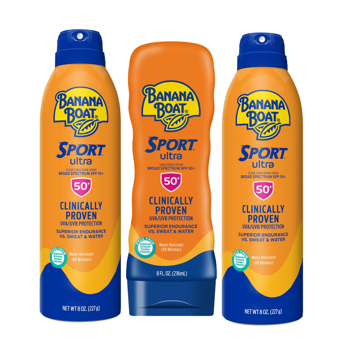 Banana Boat Sport Ultra front pack showing two sprays and one lotion for convenient protection