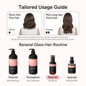 BANANAL before and after image displaying reduced frizz and glass-like shine benefit