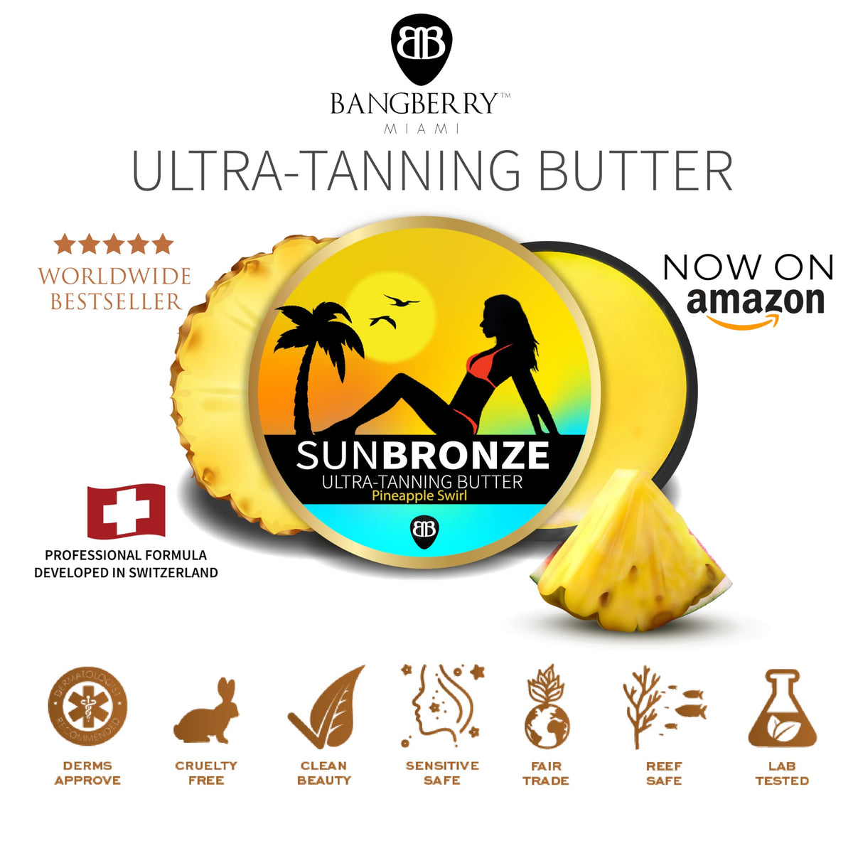 Bangberry lifestyle beach scene demonstrating warmer, even bronze results