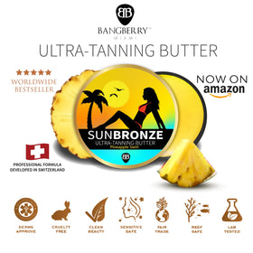 Bangberry lifestyle beach scene demonstrating warmer, even bronze results