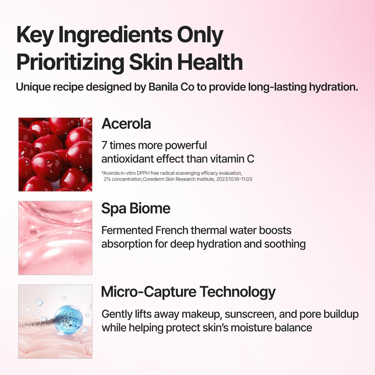 BANILA CO acerola berry ingredient shot highlighting antioxidant and hydrating benefits