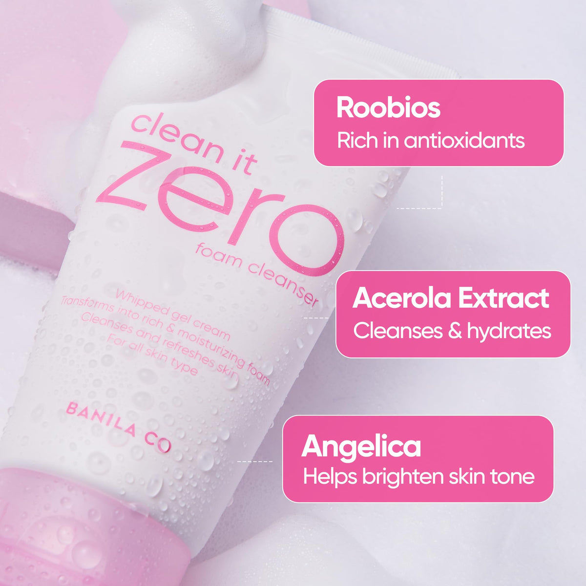 BANILA CO creamy foam texture close-up demonstrating rich lather and gentle cleansing action