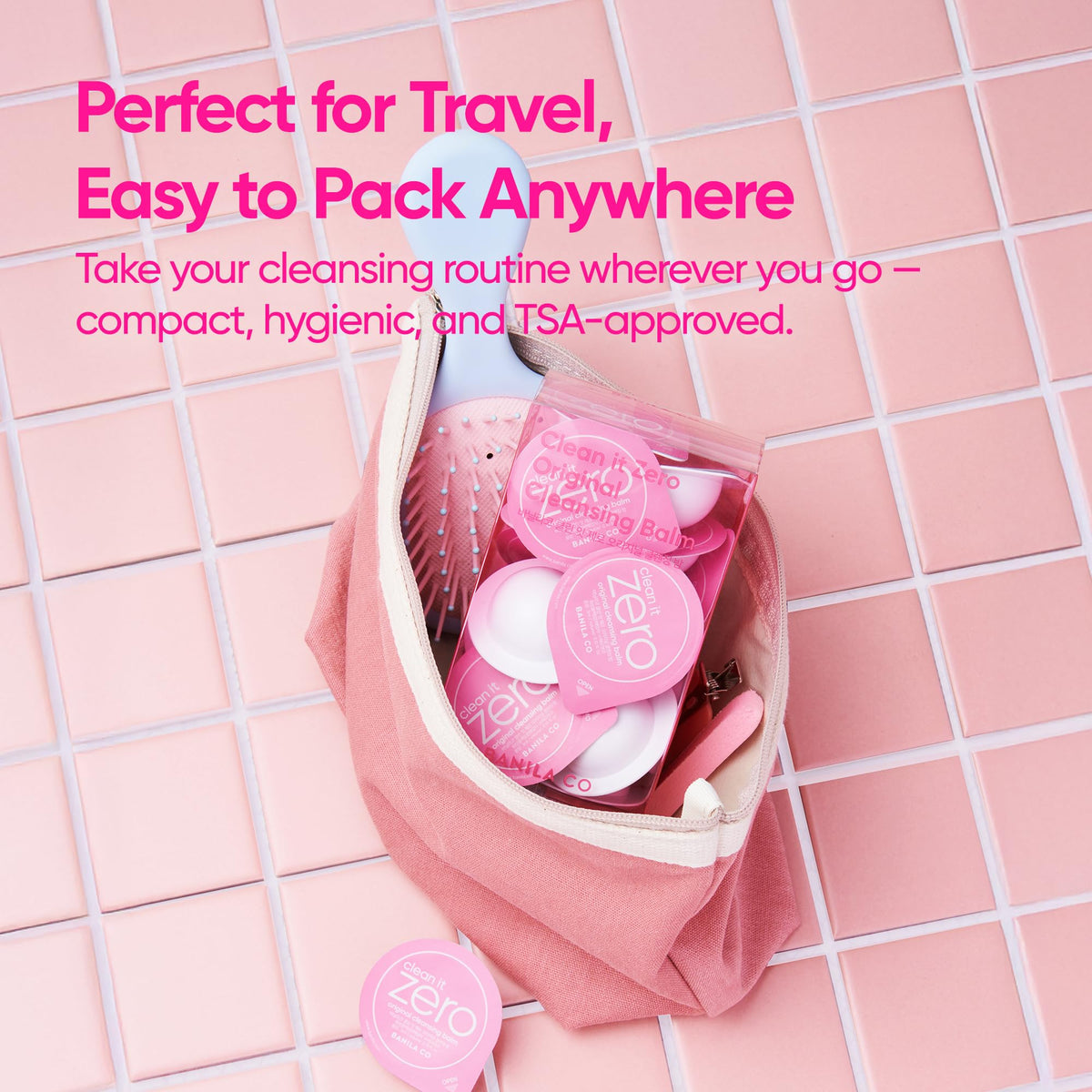 BANILA CO pod placed beside a coin to show the compact 3ml pod size for easy packing