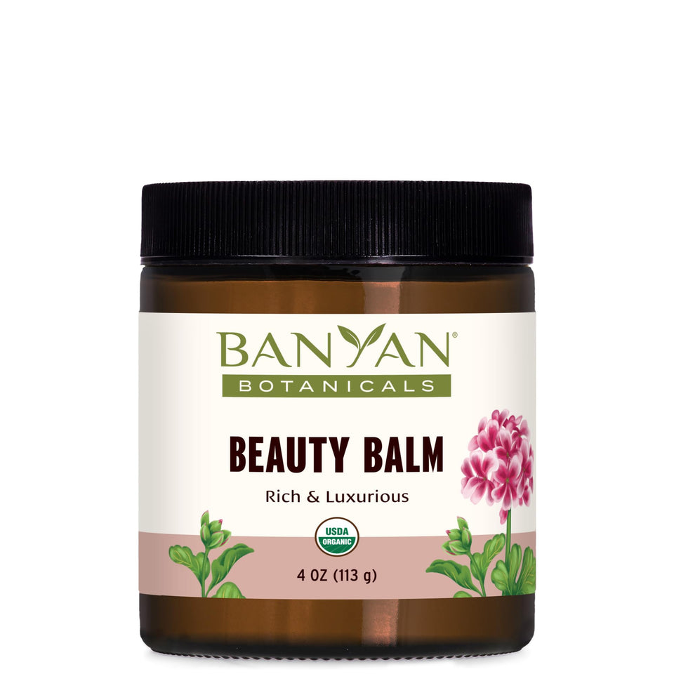 Banyan Botanicals Beauty Balm front jar showing label and natural packaging benefit