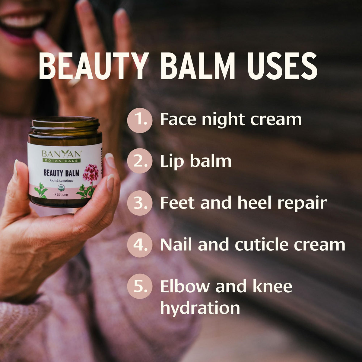 Banyan Botanicals Beauty Balm ingredients display with herbs and oils illustrating purity benefit