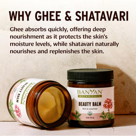 Banyan Botanicals Beauty Balm on bedside table for nighttime ritual and restorative benefit
