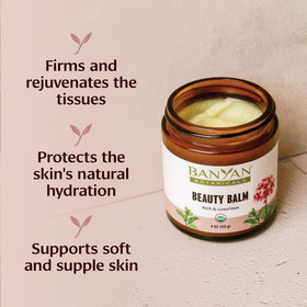 Banyan Botanicals Beauty Balm open texture showing creamy ghee base and hydrating benefit
