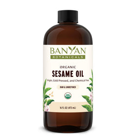 Banyan Botanicals bottle front label showing organic sesame oil benefits