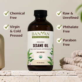 Banyan Botanicals close view of cap and label emphasizing certification details