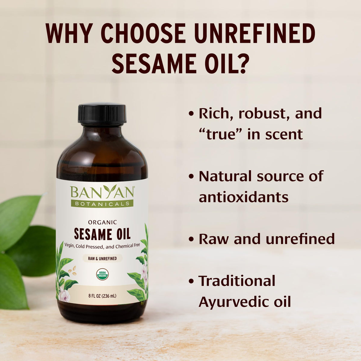 Banyan Botanicals sesame oil pouring from bottle to show golden consistency
