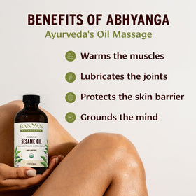 Banyan Botanicals scalp massage with oil demonstrating soothing application