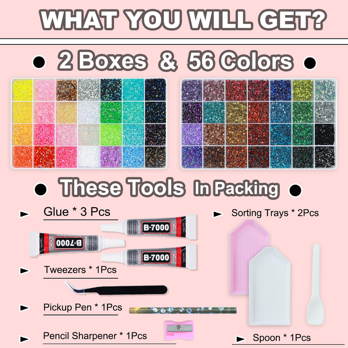 BAOYAALIN open boxes with 56 color grids displaying organized gems for easy selection