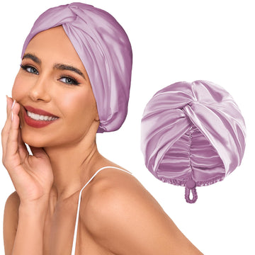Baqzqudnl lavender bonnet front view showing adjustable clasp and fit