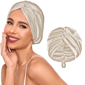 Baqzqudnl bonnet front view showing champagne color and elegant fit, protects hair overnight