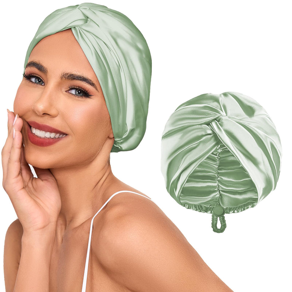 Baqzqudnl front view of green adjustable silk satin bonnet showing fit and style for comfortable sleep