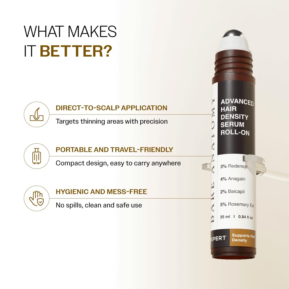 Bare Anatomy roll-on in use on scalp targeting thinning area for focused treatment