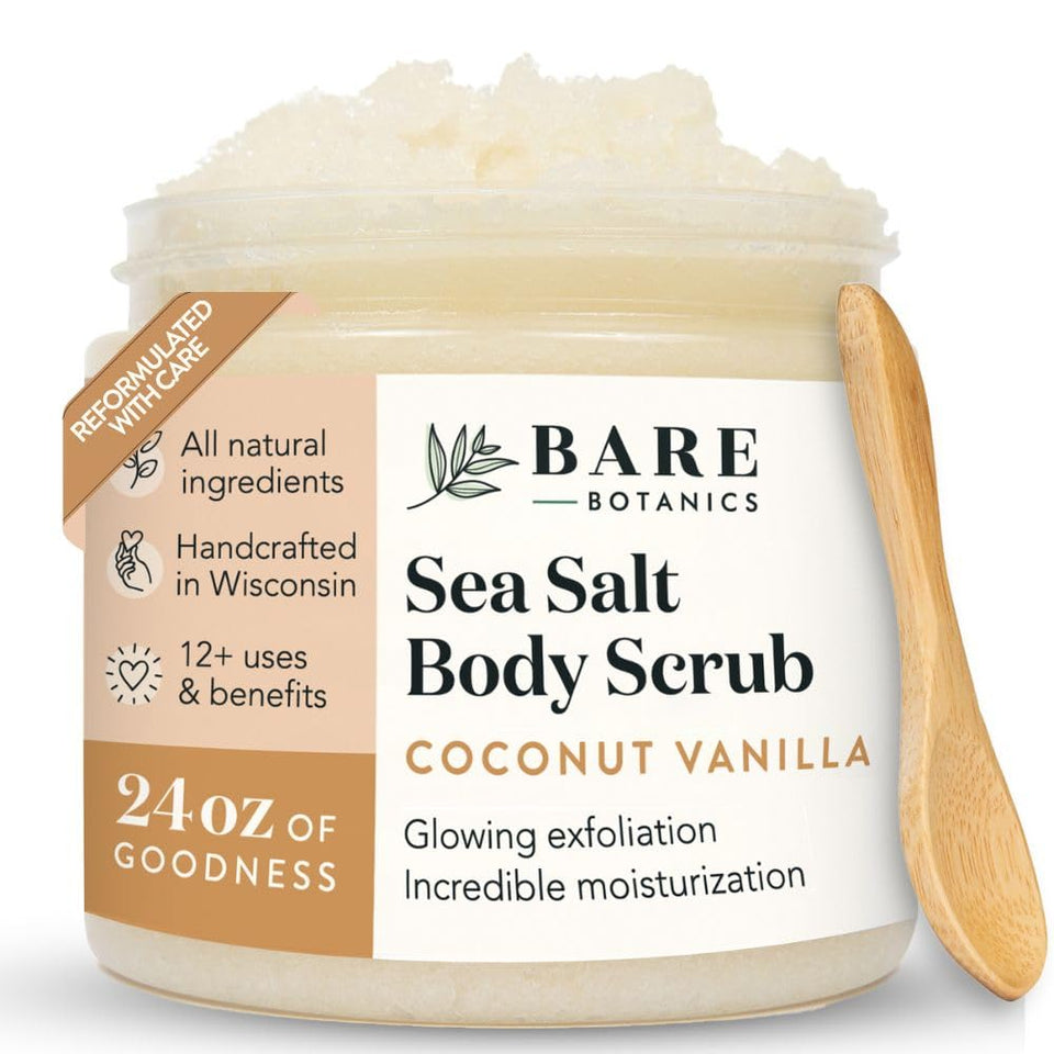 Bare Botanics jar front view showing coconut vanilla scent and benefit of natural exfoliation