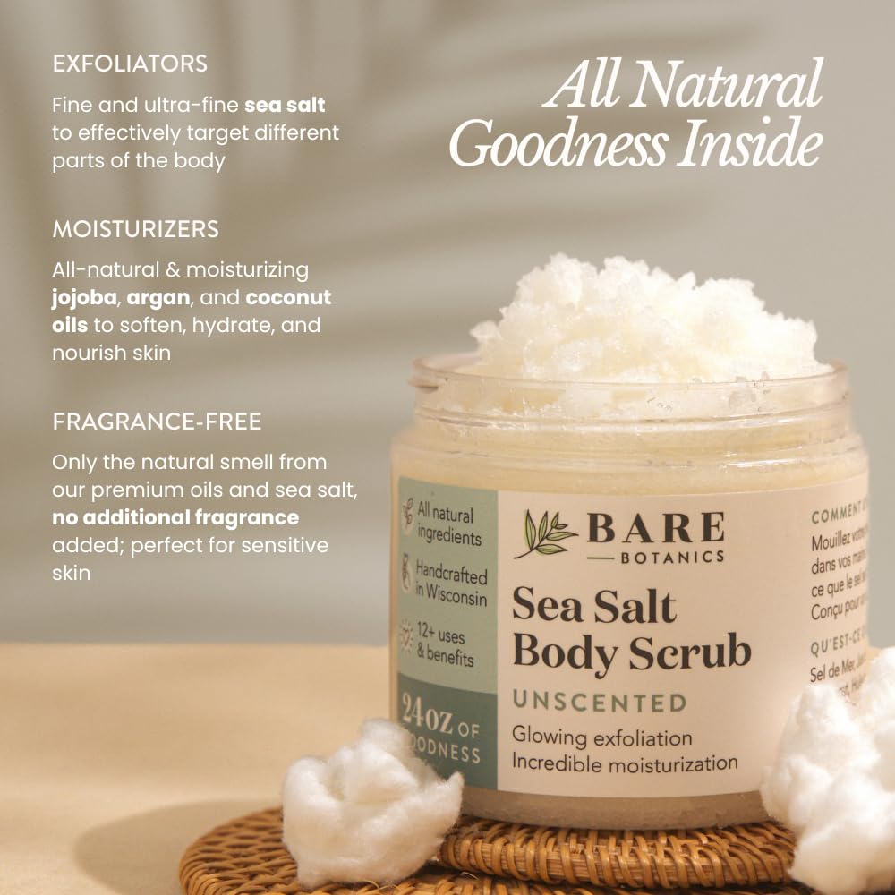 Bare Botanics open jar revealing smooth sea salt scrub texture for hydration