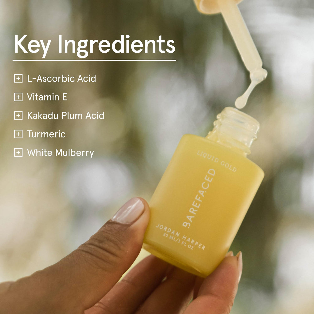 Barefaced ingredient label view showing vitamin C, hyaluronic acid, vitamin E