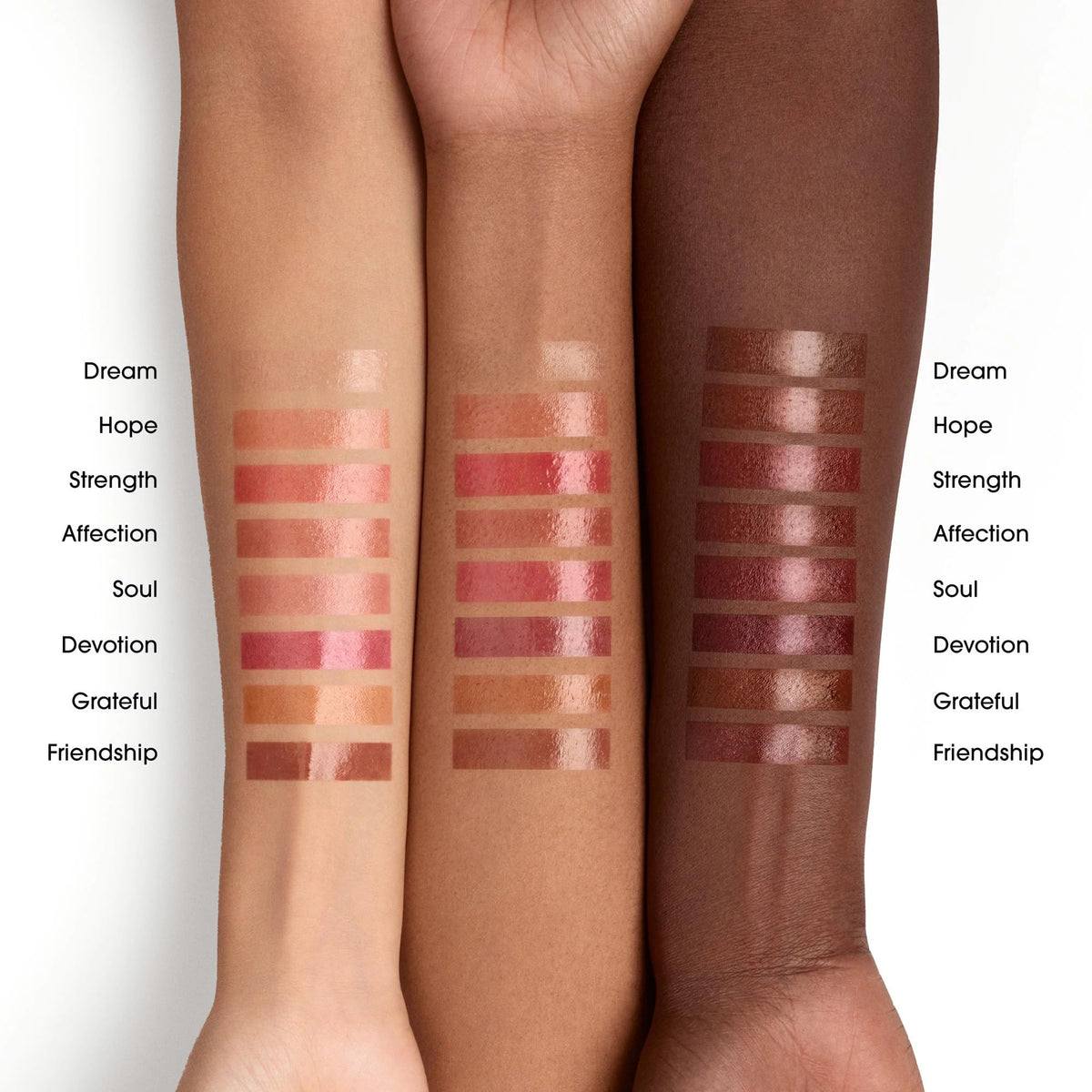 bareMinerals Affection lip swatch on model showing sheer tint and dewy shine benefit