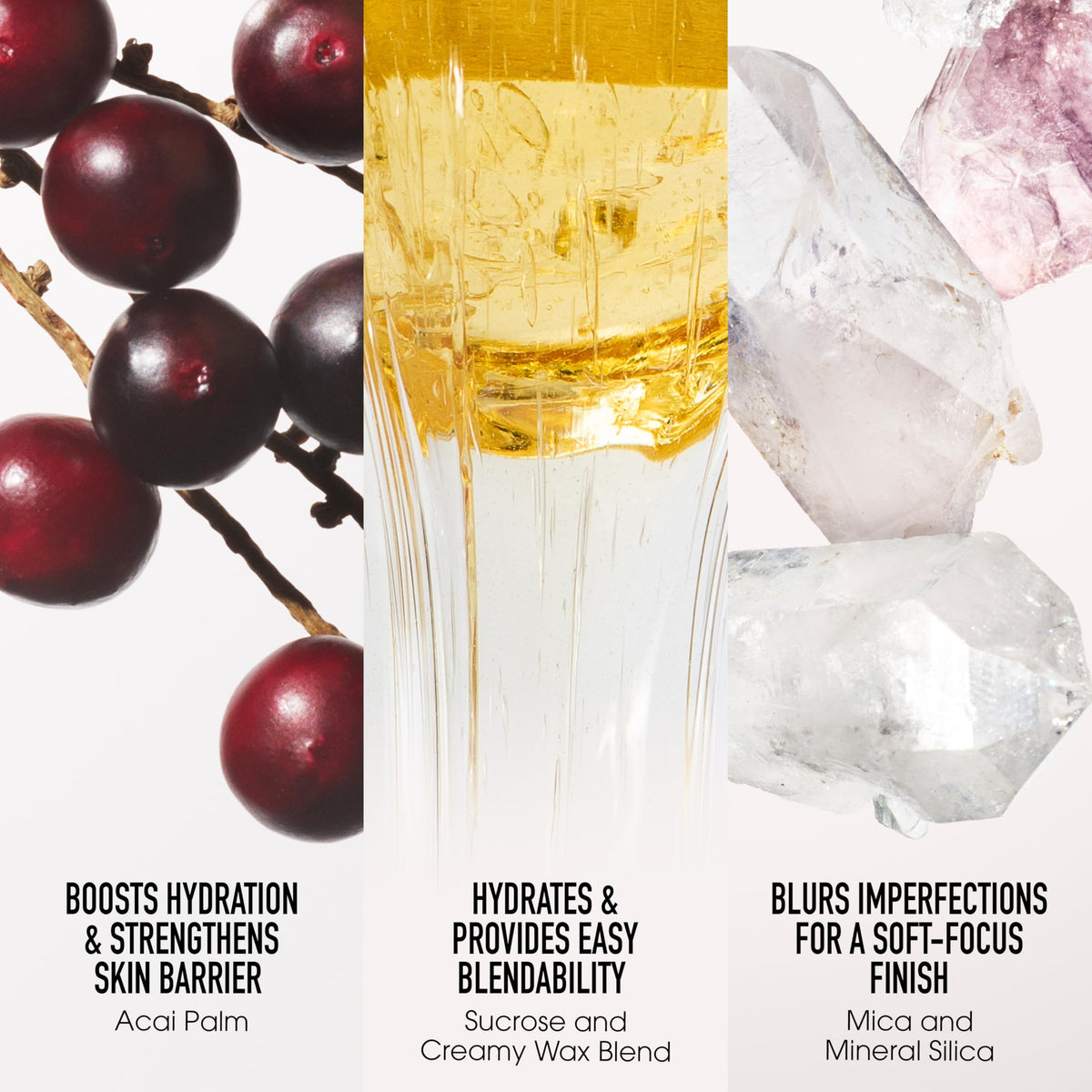 bareMinerals on lips demonstrating rich berry color and hydrating comfort