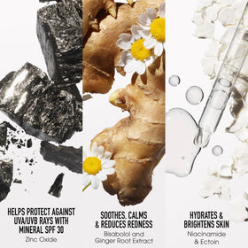 bareMinerals before and after on face demonstrating natural dewy finish