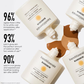 bareMinerals on model with medium skin showing dewy natural look benefit