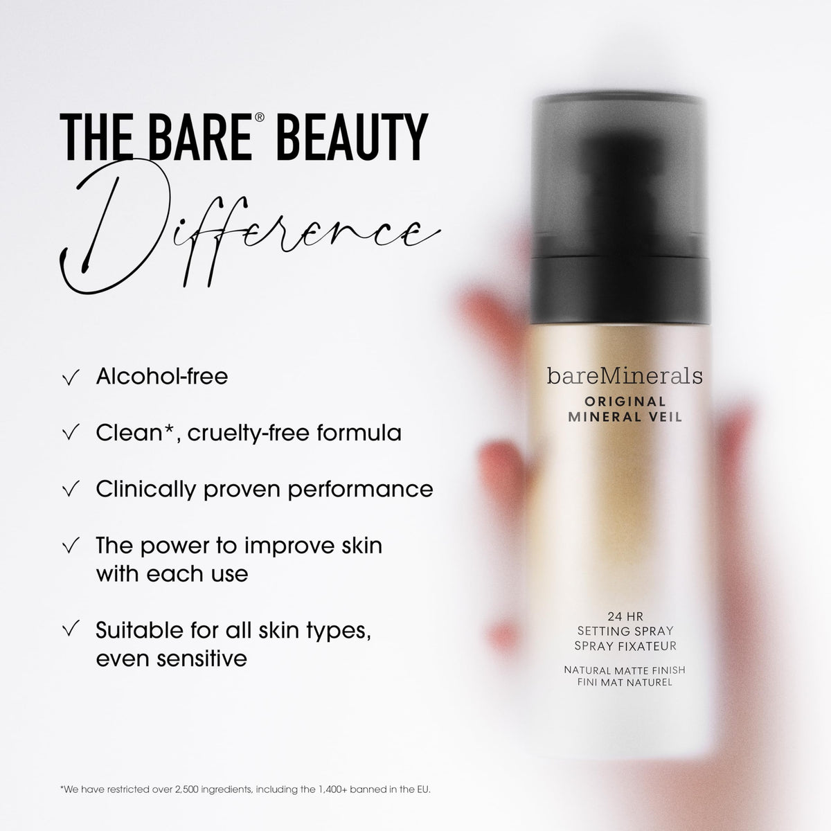 bareMinerals bottle label detail highlighting alcohol-free vegan formula