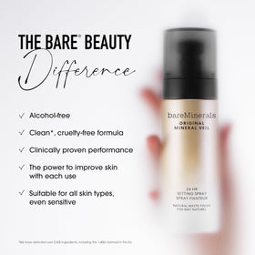 bareMinerals bottle label detail highlighting alcohol-free vegan formula