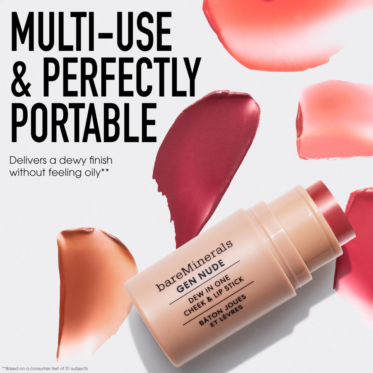 bareMinerals stick beside coin illustrating compact size for easy carrying and touch-ups