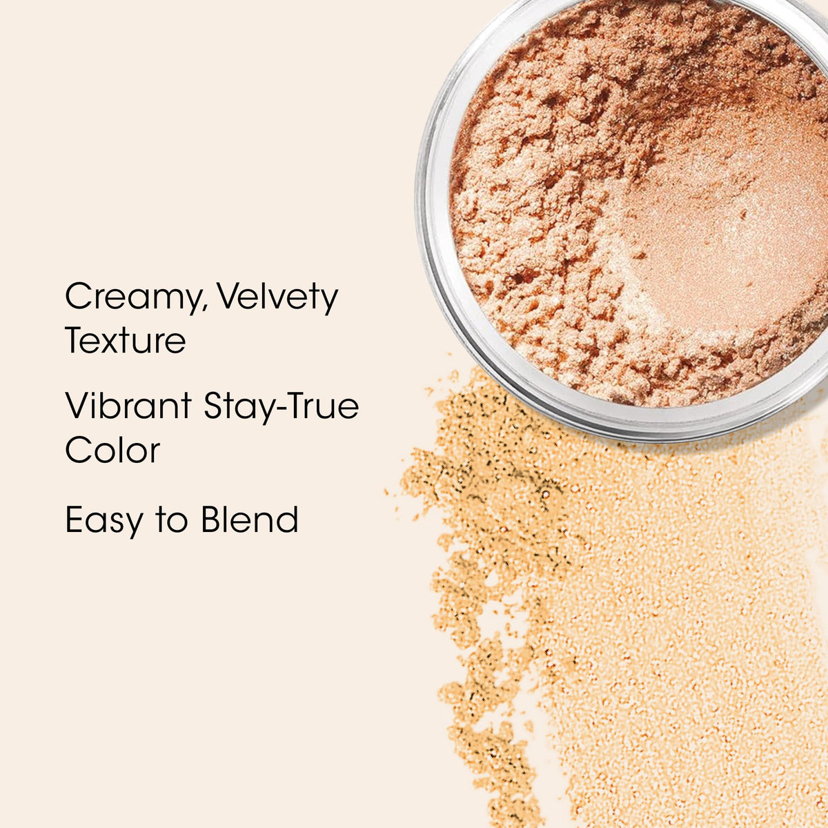 bareMinerals Celestine swatched on brush, vivid payoff and buildable color shown