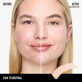 bareMinerals open compact displaying pressed powder and coverage ready for application benefit