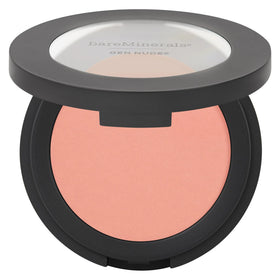 bareMinerals front compact showing Pretty in Pink blush and smooth pan, easy application benefit