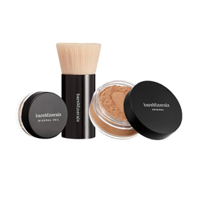 bareMinerals front packaging of the 3-piece kit, shows contents and benefits